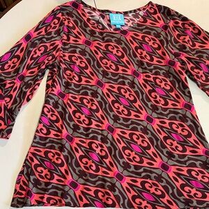 Escapada L Vibrant Pink Coral and Brown Blouse w/ Ruffle Sleeves